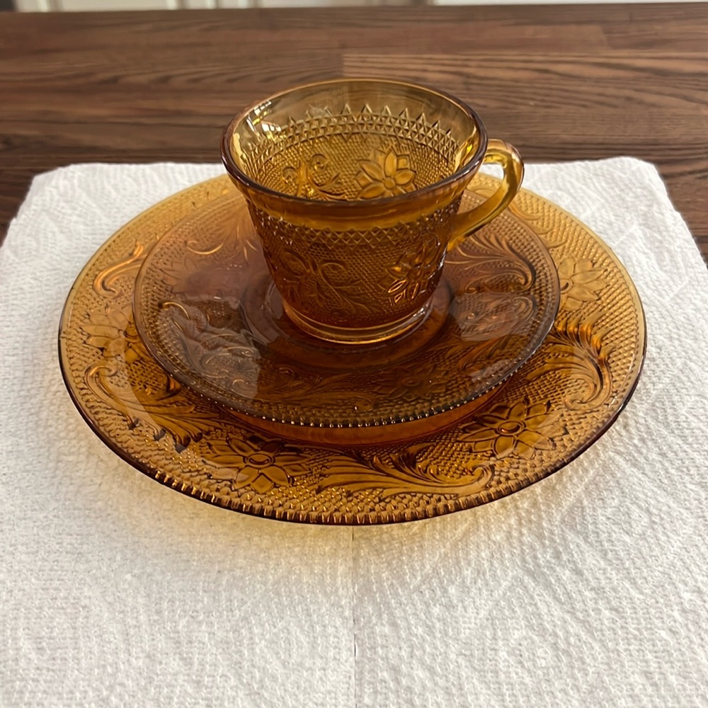 Vintage antique depression glass plate, saucer, and cup three-piece set